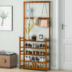 Bamboo Entryway Shoe Rack with Hooks