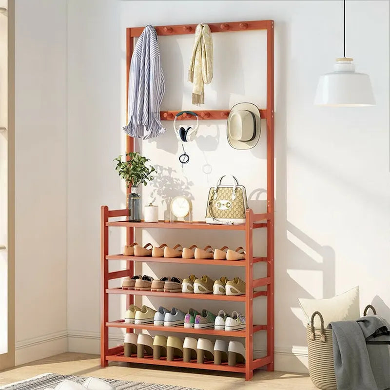 Bamboo Entryway Shoe Rack with Hooks