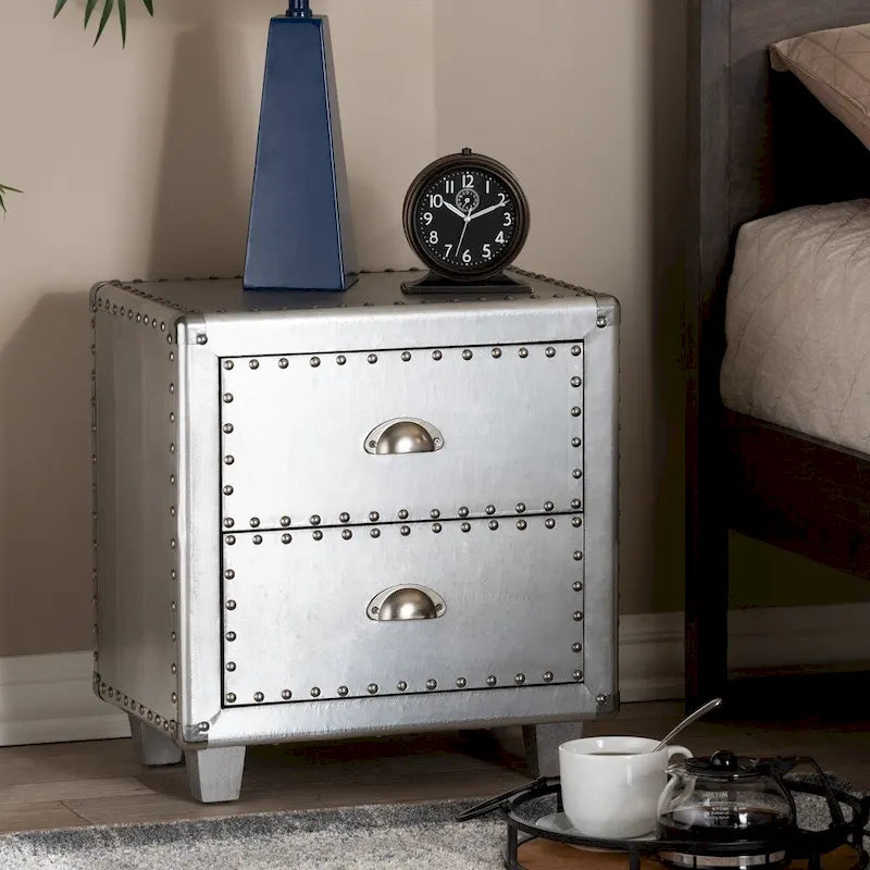 Baxton Studio Davet French Industrial Silver Metal 2-Drawer End Table