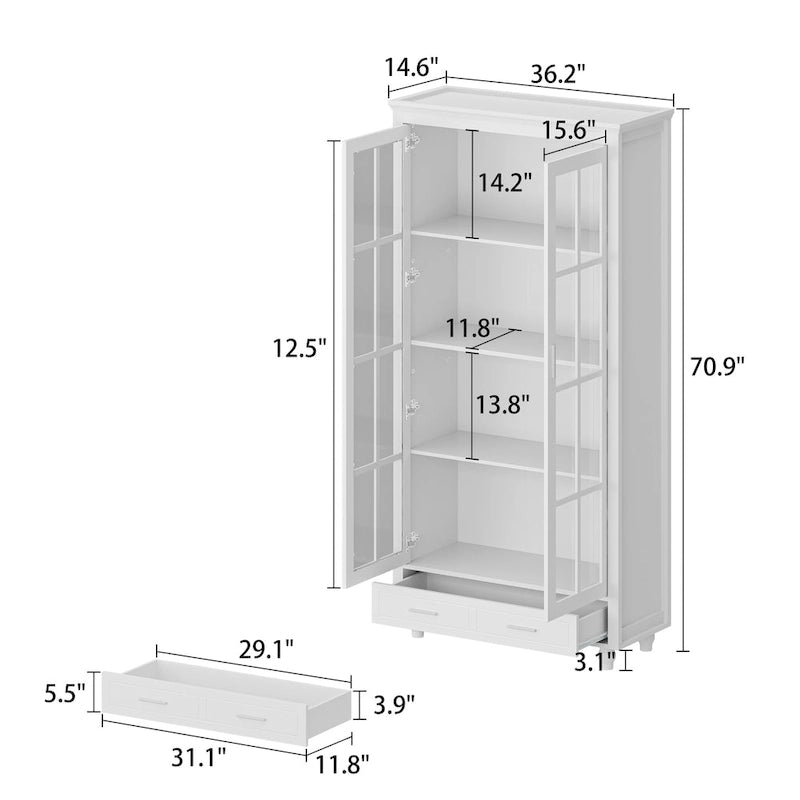 Bookcase with Glass Doors and Drawer - 70.9"H x 36.2"W