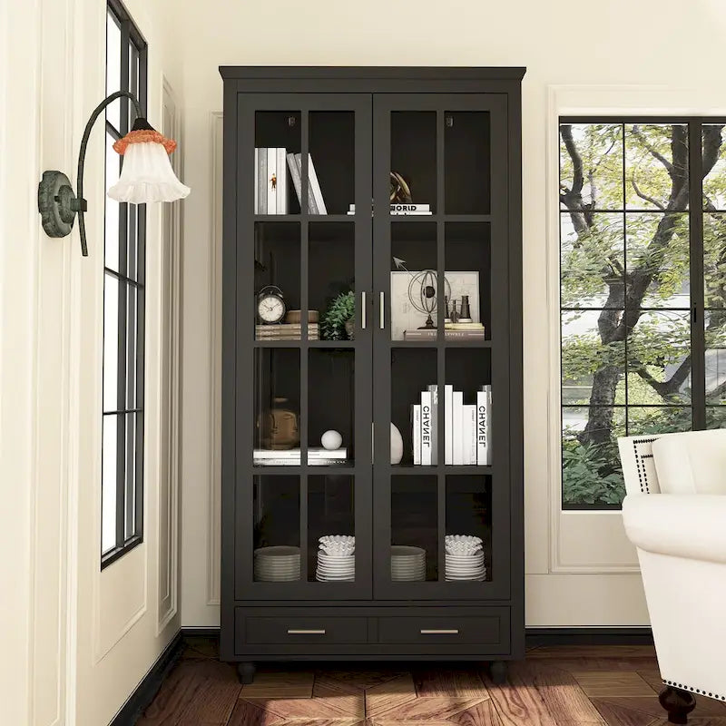 Bookcase with Glass Doors and Drawer - 70.9"H x 36.2"W