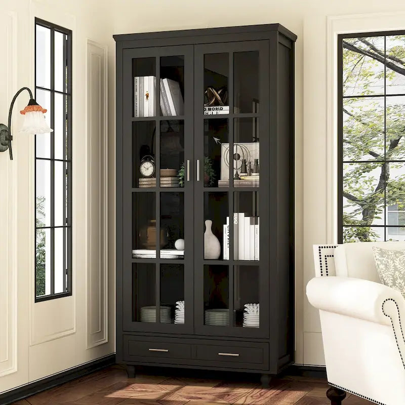 Bookcase with Glass Doors and Drawer - 70.9"H x 36.2"W
