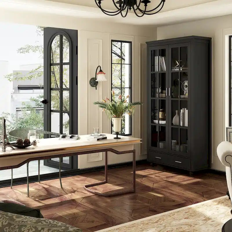Bookcase with Glass Doors and Drawer - 70.9"H x 36.2"W