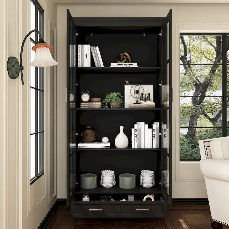 Bookcase with Glass Doors and Drawer - 70.9"H x 36.2"W