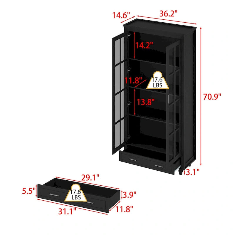 Bookcase with Glass Doors and Drawer - 70.9"H x 36.2"W