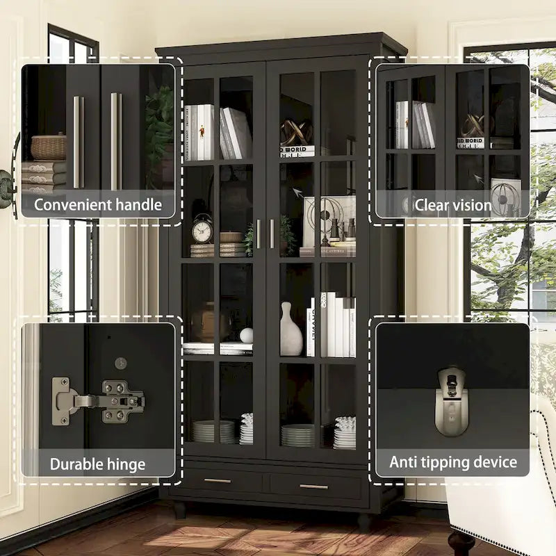 Bookcase with Glass Doors and Drawer - 70.9"H x 36.2"W