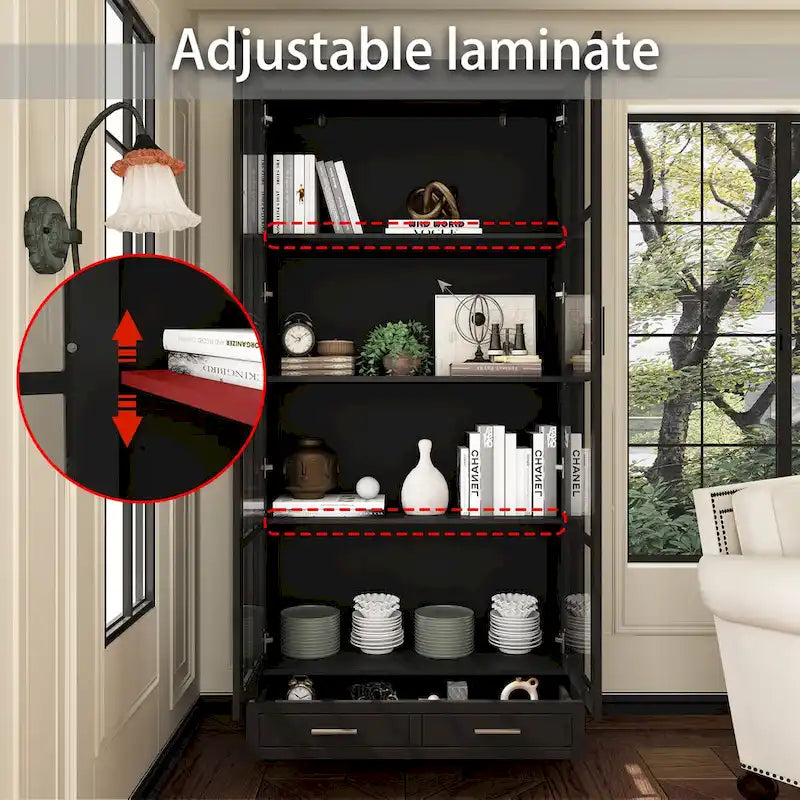 Bookcase with Glass Doors and Drawer - 70.9"H x 36.2"W