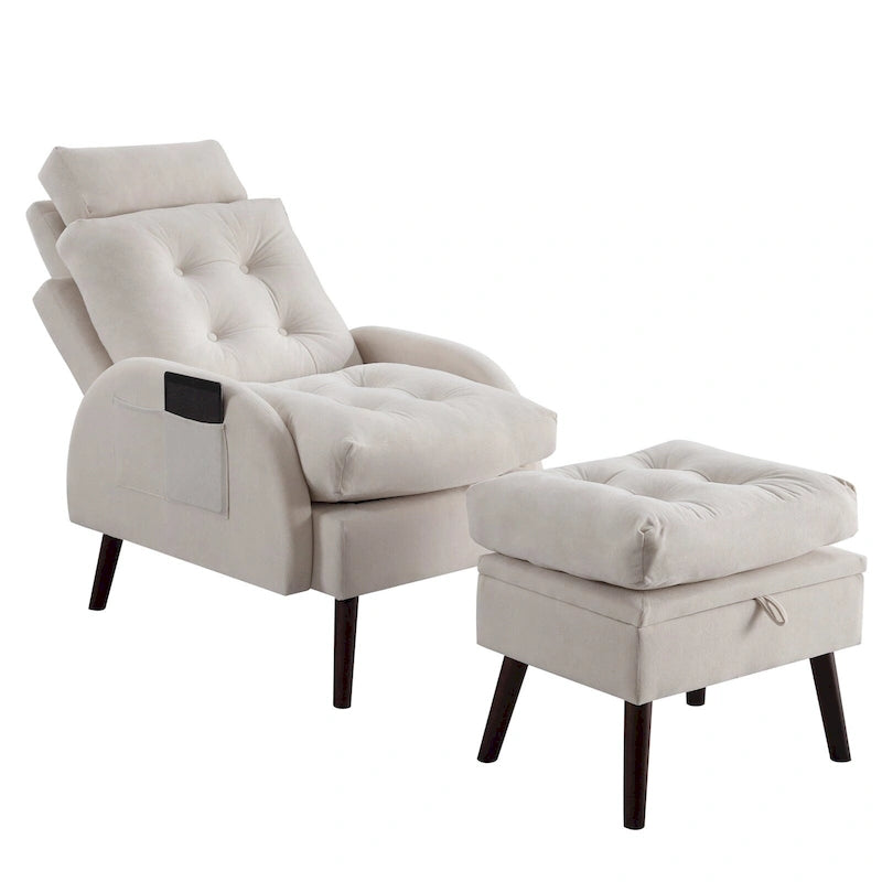 Upholstered Chaise Lounge Chair with Adjustable Backrest and Storage Ottoman