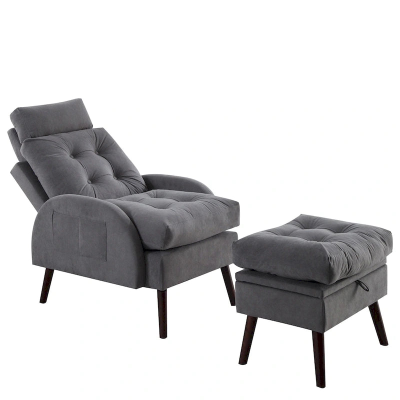 Upholstered Chaise Lounge Chair with Adjustable Backrest and Storage Ottoman