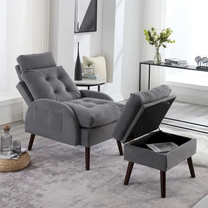 Upholstered Chaise Lounge Chair with Adjustable Backrest and Storage Ottoman