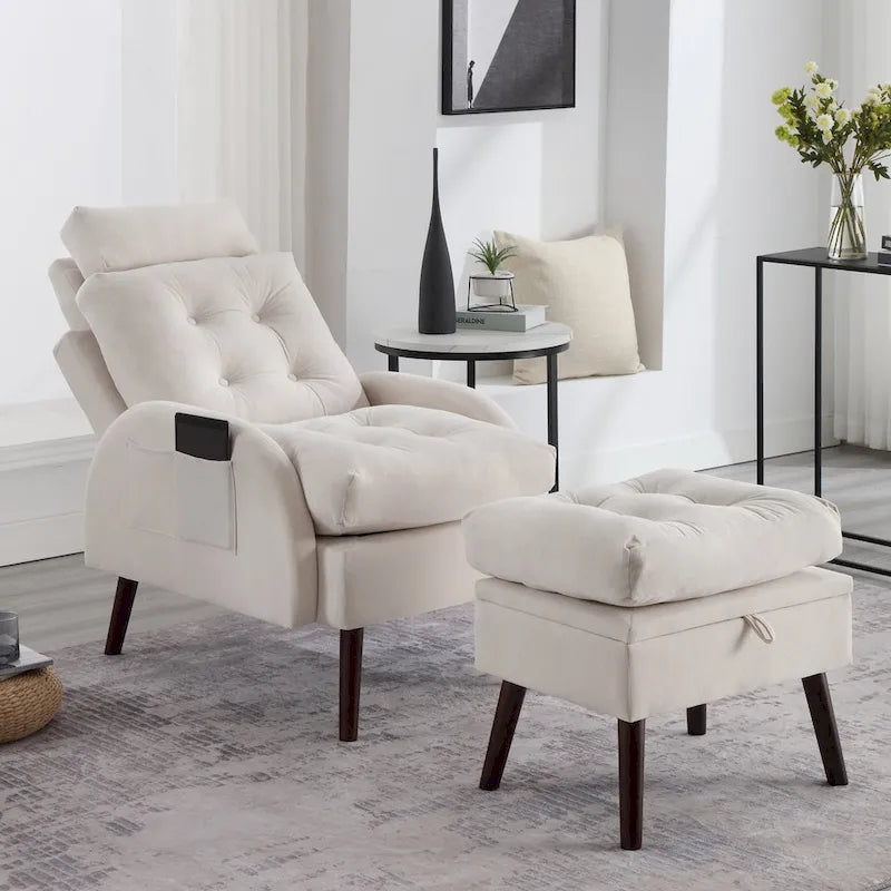Upholstered Chaise Lounge Chair with Adjustable Backrest and Storage Ottoman