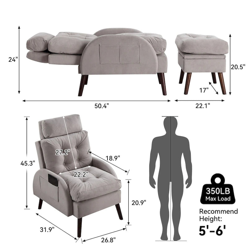Upholstered Chaise Lounge Chair with Adjustable Backrest and Storage Ottoman