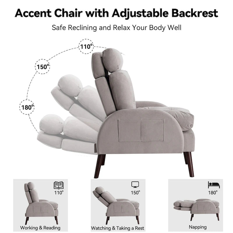 Upholstered Chaise Lounge Chair with Adjustable Backrest and Storage Ottoman