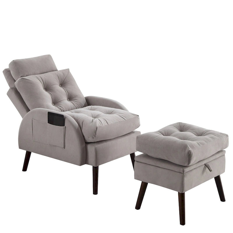 Upholstered Chaise Lounge Chair with Adjustable Backrest and Storage Ottoman