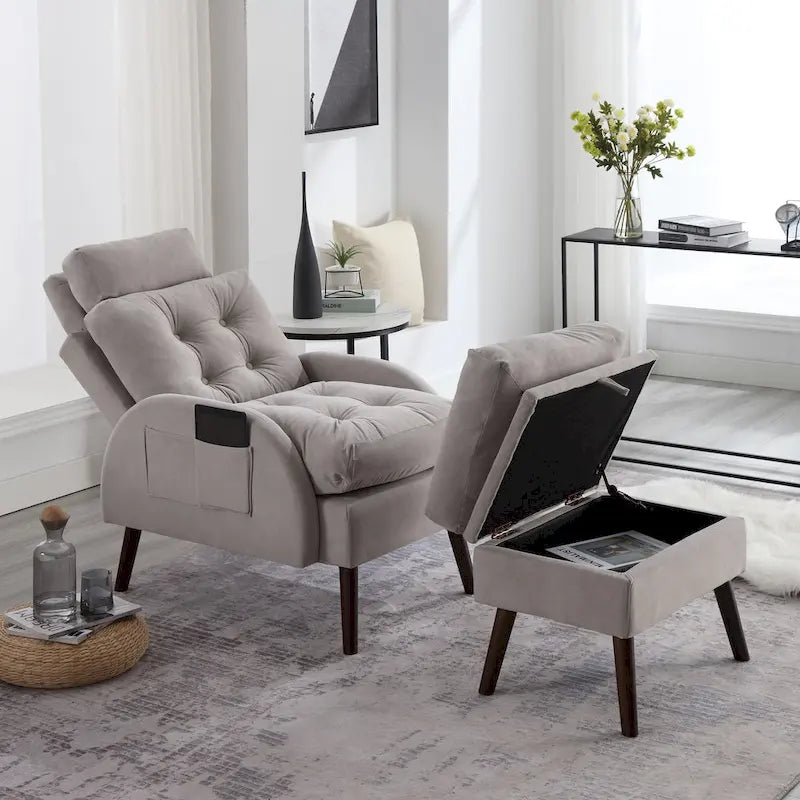 Upholstered Chaise Lounge Chair with Adjustable Backrest and Storage Ottoman