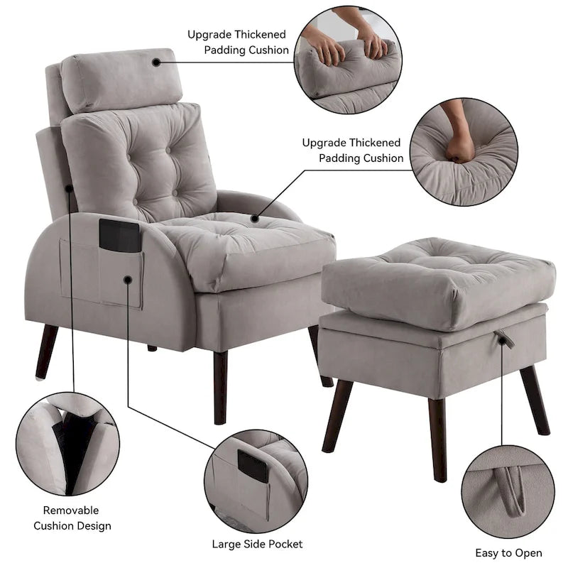 Upholstered Chaise Lounge Chair with Adjustable Backrest and Storage Ottoman
