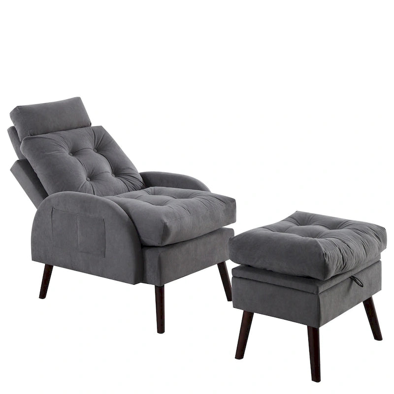 Upholstered Chaise Lounge Chair with Adjustable Backrest and Storage Ottoman