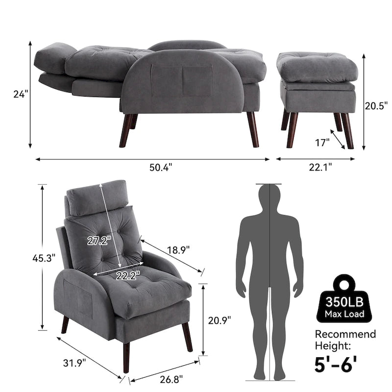 Upholstered Chaise Lounge Chair with Adjustable Backrest and Storage Ottoman