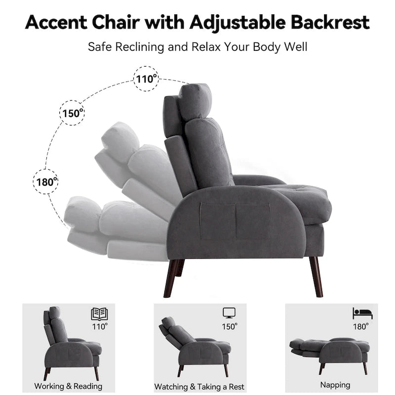 Upholstered Chaise Lounge Chair with Adjustable Backrest and Storage Ottoman