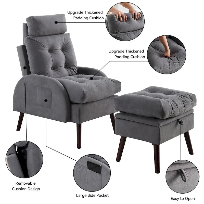 Upholstered Chaise Lounge Chair with Adjustable Backrest and Storage Ottoman