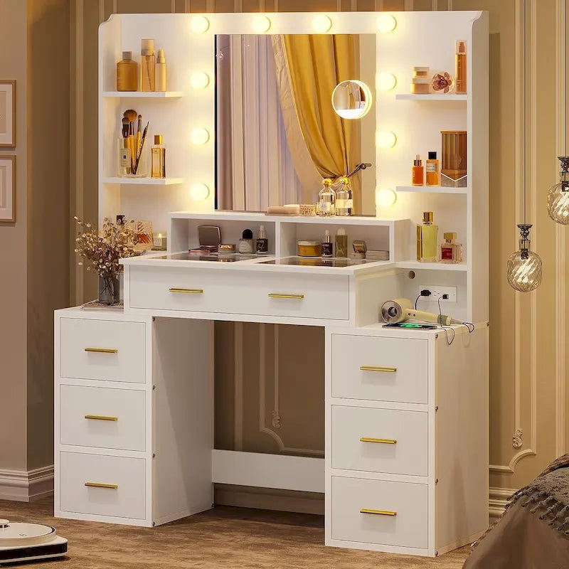 Glass Top Makeup Vanity Table with Lighted Mirror and Storage