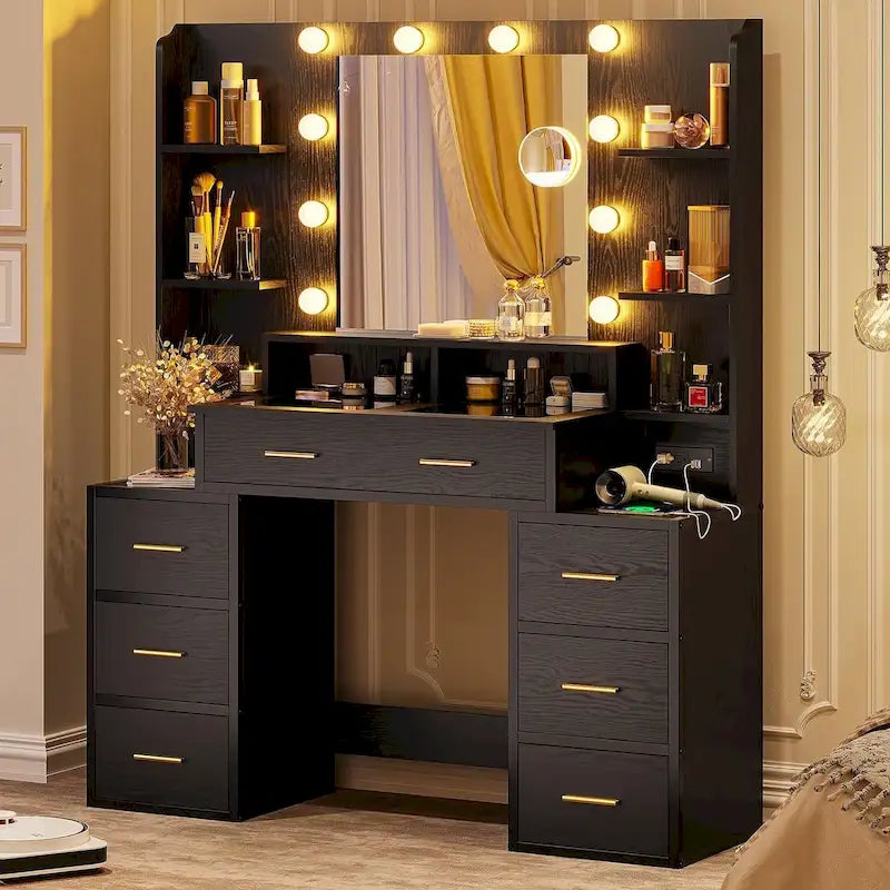 Glass Top Makeup Vanity Table with Lighted Mirror and Storage