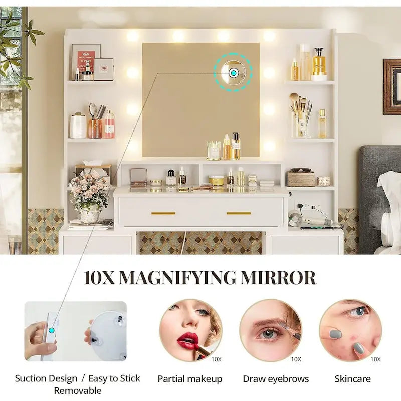 Glass Top Makeup Vanity Table with Lighted Mirror and Storage