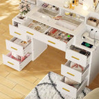 Glass Top Makeup Vanity Table with Lighted Mirror and Storage