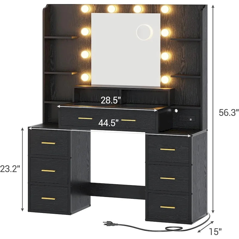 Glass Top Makeup Vanity Table with Lighted Mirror and Storage