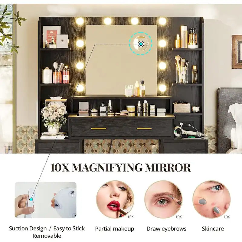 Glass Top Makeup Vanity Table with Lighted Mirror and Storage