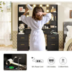 Glass Top Makeup Vanity Table with Lighted Mirror and Storage