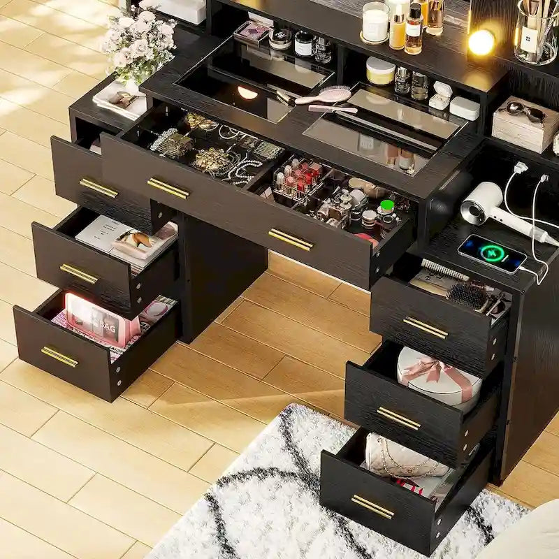 Glass Top Makeup Vanity Table with Lighted Mirror and Storage