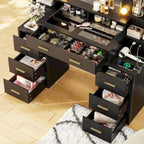 Glass Top Makeup Vanity Table with Lighted Mirror and Storage