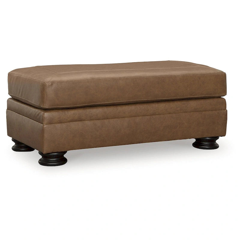 Caramel Leather Ottoman with Wood Legs