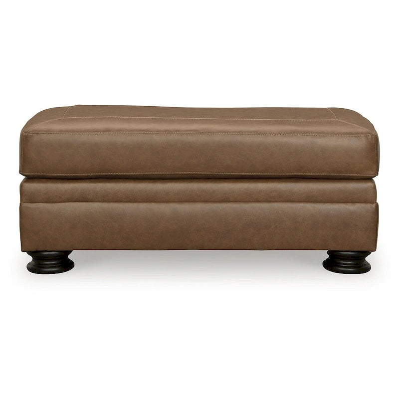 Caramel Leather Ottoman with Wood Legs