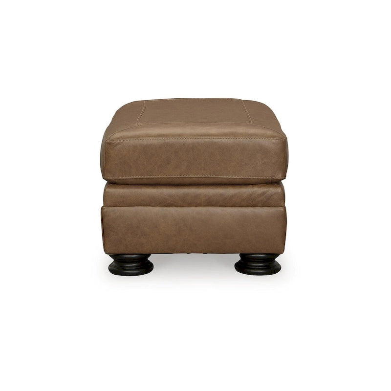 Caramel Leather Ottoman with Wood Legs