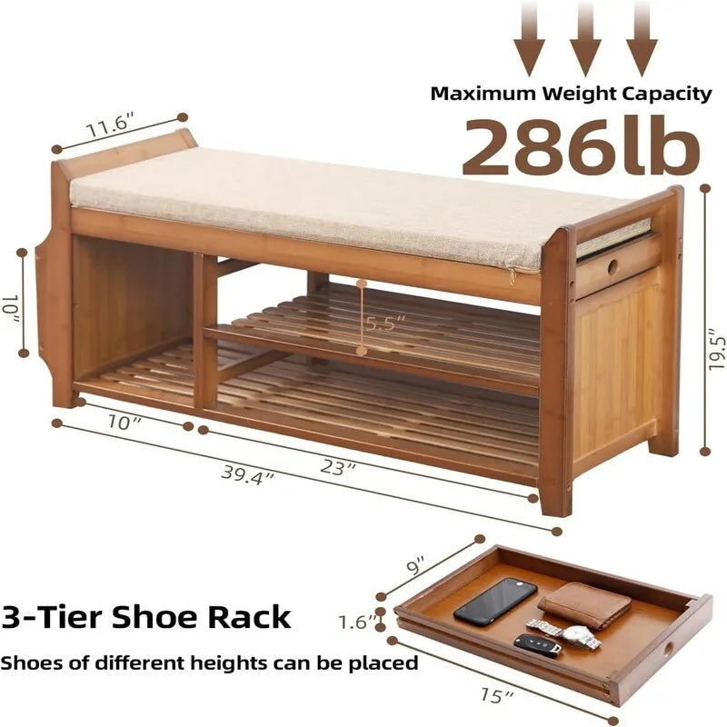 2-Tier Bamboo Shoe Bench with Storage