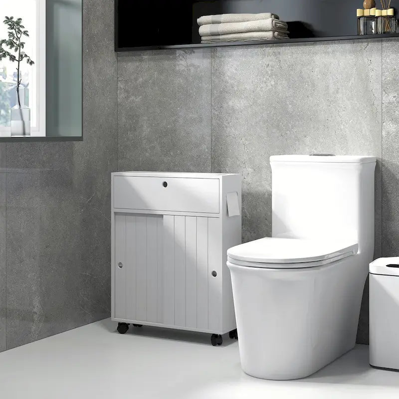 Slim Bathroom Storage Cabinet with Rolling Wheels and Paper Holes