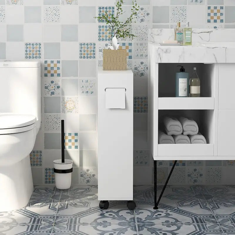 Slim Bathroom Storage Cabinet with Rolling Wheels and Paper Holes