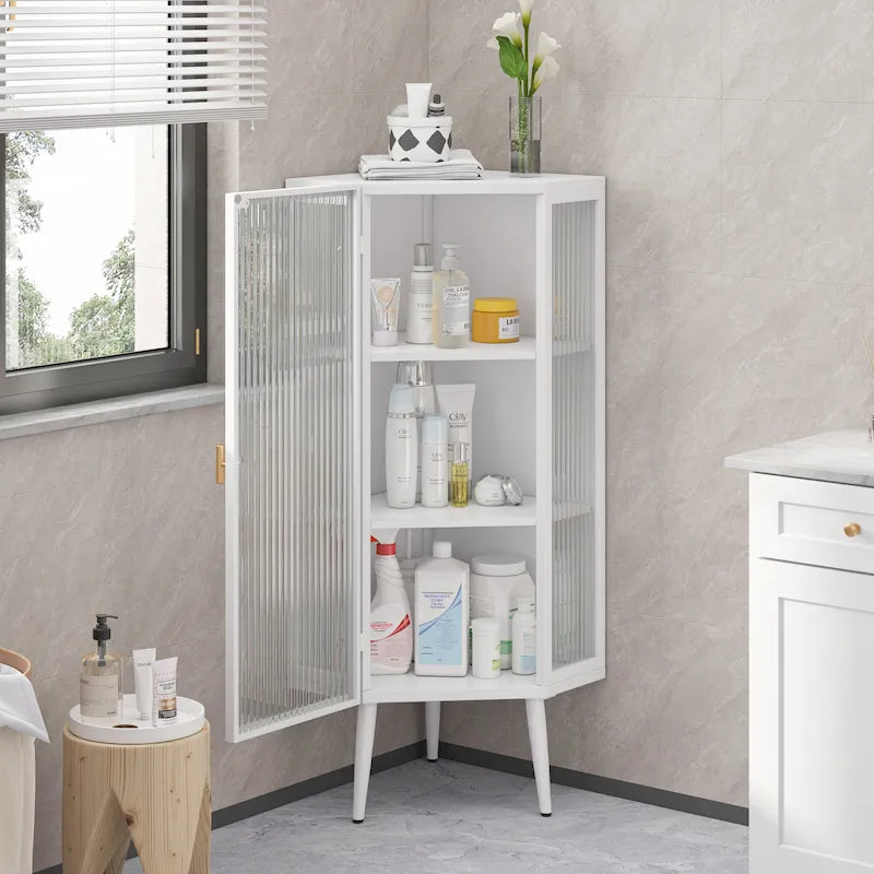 3-Tier Corner Cabinet with Glass Door