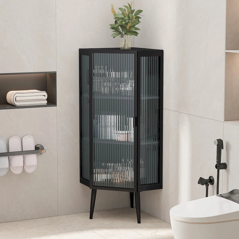 3-Tier Corner Cabinet with Glass Door