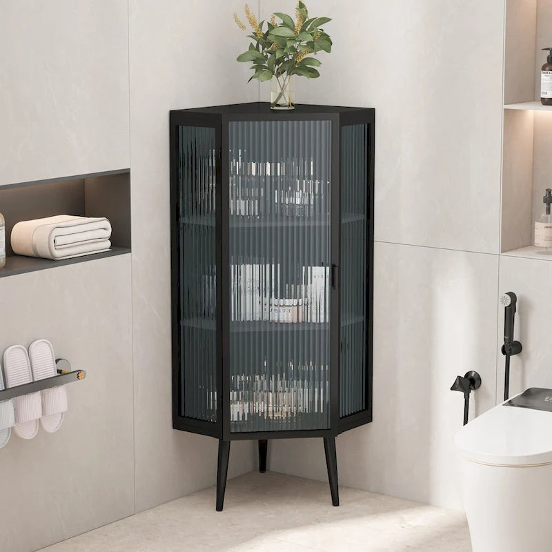 3-Tier Corner Cabinet with Glass Door